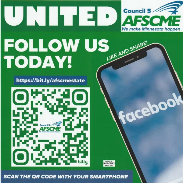 A QR code saying "United, follow us today!" asking individuals to take action with their AFSCME union